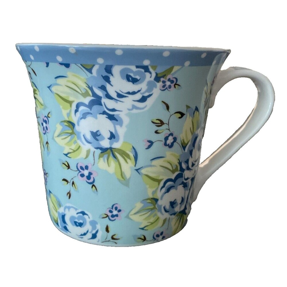 Pier 1 Imports Fine China Coffee Mug Cup Blue Flowers Shabby Chic PolkaDot Rim